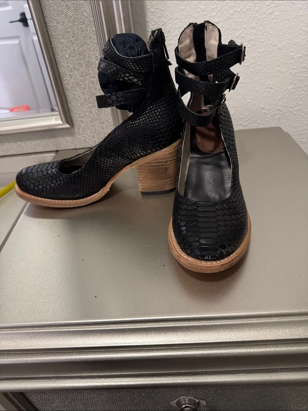 Freebird by Steven Black Faux-Snakeskin Triple-Strap Block Heel Booties - Picture 2 of 4